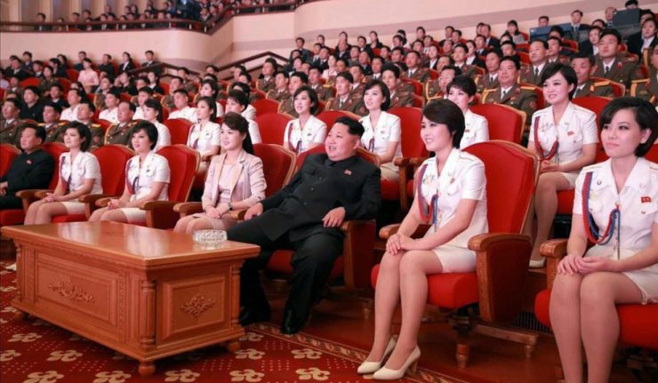 epa04983608 An undated picture released by Rodong Sinmun newspaper, the state-run North Korean newspaper of the ruling Workers Party, on 19 October 2015 of North Korean leader Kim Jong-un (3-R) and his wife Ri Sol-ju (4-R), along with members of an all-female music band, known as the Moranbong Band, watching a performance given by the Chongbong Band to mark the 70th anniversary of the founding of the ruling Workers' Party of Korea. It was not reported when or where the photo was taken.  EPA/Rodong Sinmun SOUTH KOREA OUT * BEST QUALITY AVAILABLE  EDITORIAL USE ONLY