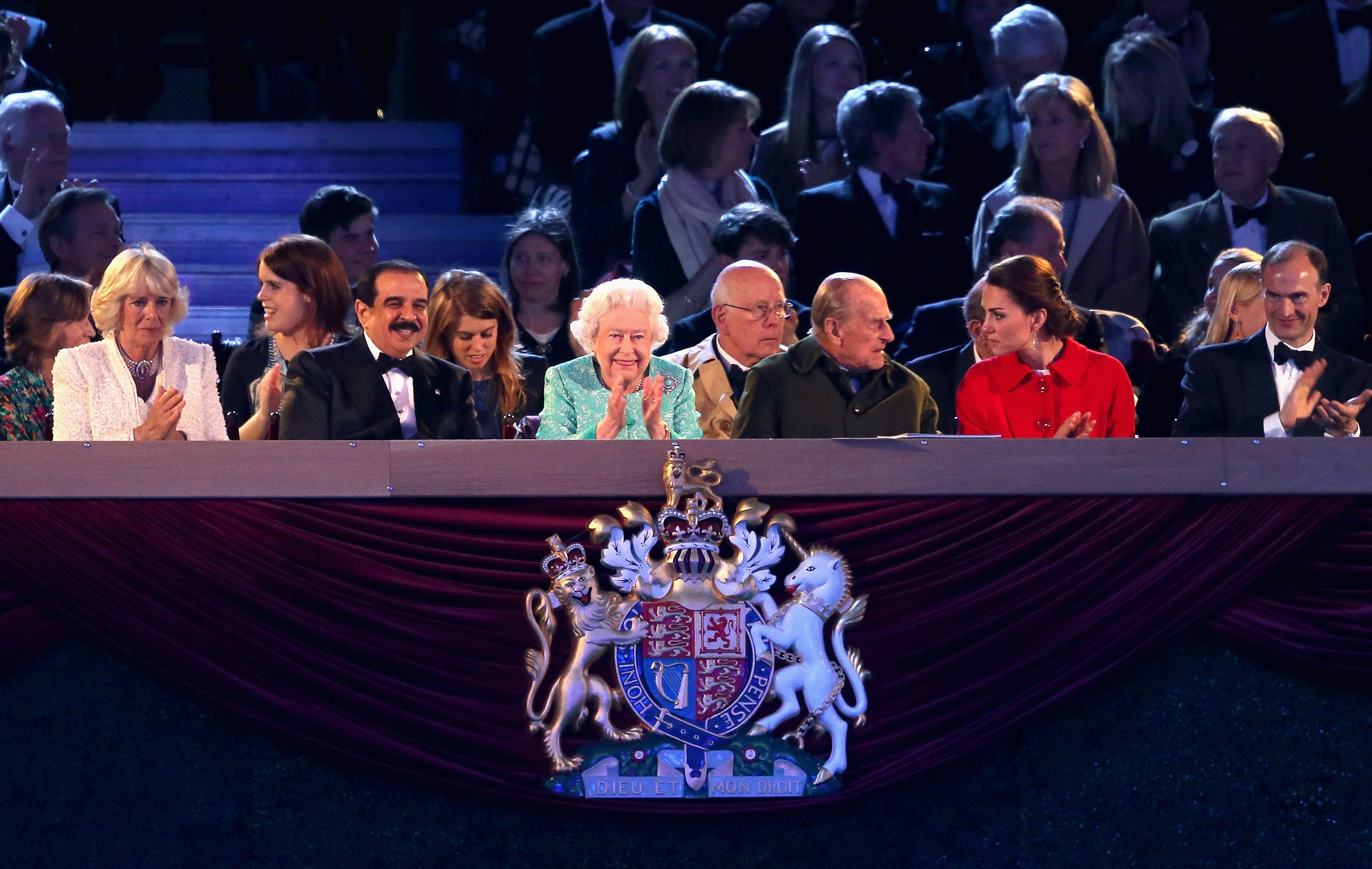 WINDSOR, ENGLAND - MAY 15:  Camilla, Duchess of Cornwall, Prince Philip, Duke of Edinburgh and Catherine, Duchess of Cambridge along with Queen Elizabeth II during the final night of the Queen's 90th Birthday Celebrations at Windsor on May 15, 2016 in Windsor, England. REUTERS/Chris Jackson/Pool