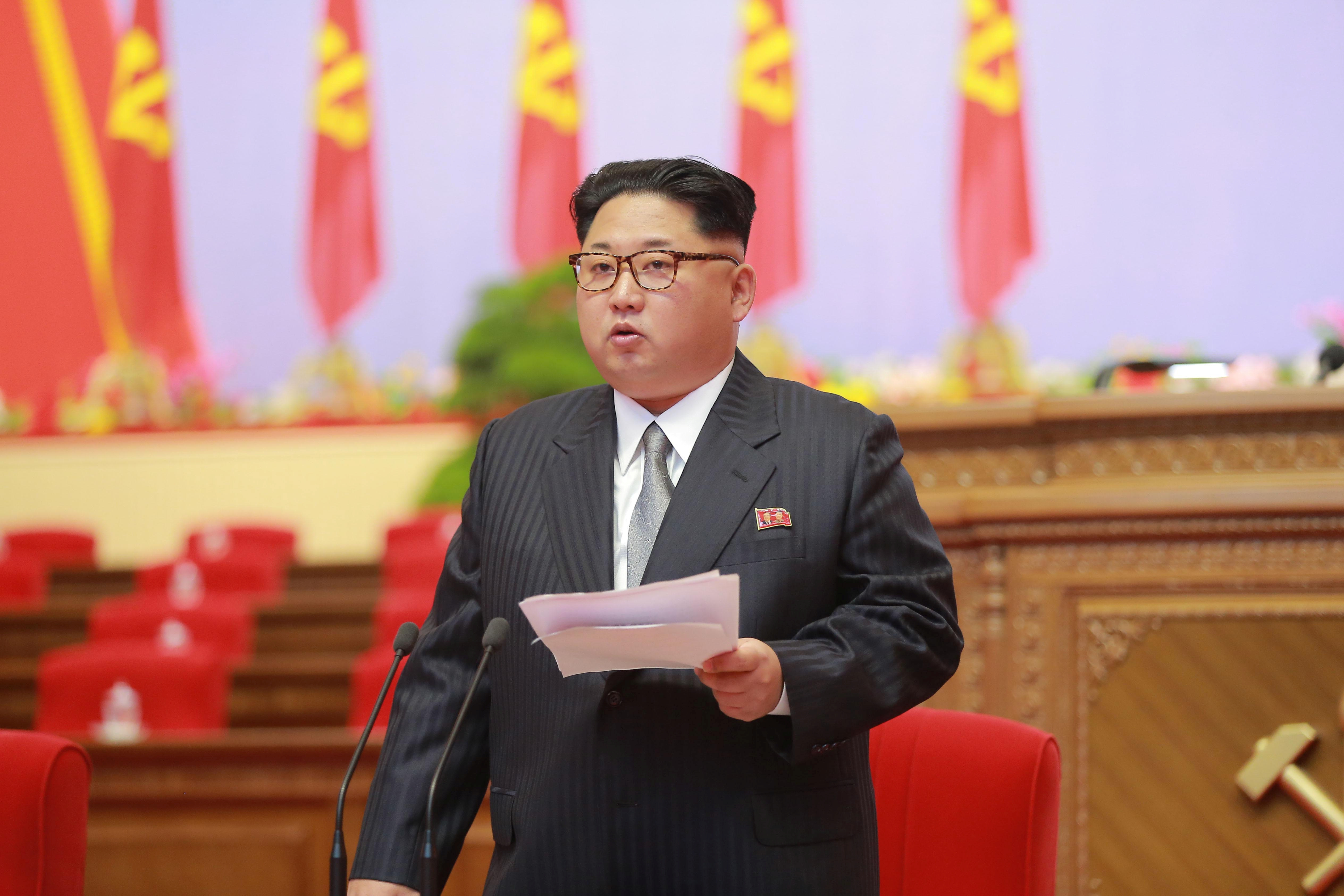 North Korean leader Kim Jong Un speaks during the first congress of the country's ruling Workers' Party in 36 years in Pyongyang, in this handout photo provided by KCNA on May 6, 2016. KCNA/via Reuters ATTENTION EDITORS - THIS PICTURE WAS PROVIDED BY A THIRD PARTY. REUTERS IS UNABLE TO INDEPENDENTLY VERIFY THE AUTHENTICITY, CONTENT, LOCATION OR DATE OF THIS IMAGE. FOR EDITORIAL USE ONLY. NO THIRD PARTY SALES. NOT FOR USE BY REUTERS THIRD PARTY DISTRIBUTORS. SOUTH KOREA OUT. THIS PICTURE IS DISTRIBUTED EXACTLY AS RECEIVED BY REUTERS, AS A SERVICE TO CLIENTS. TPX IMAGES OF THE DAY - RTX2D715