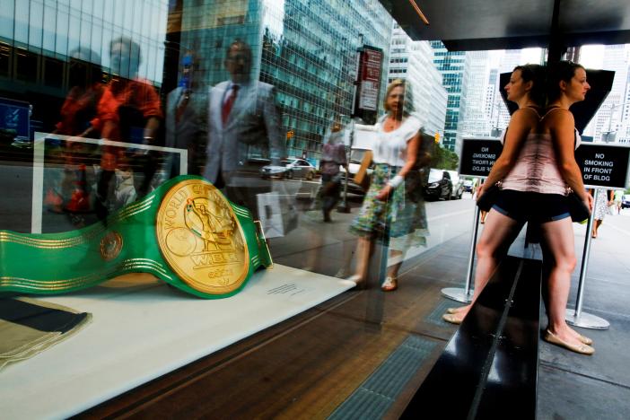 The iconic 'Rumble in the Jungle' belt of late boxing champion Muhammad Ali is displayed to the public at Heritage Auctions house in Manhattan, New York, U.S., August 19, 2016. REUTERS/Eduardo Munoz