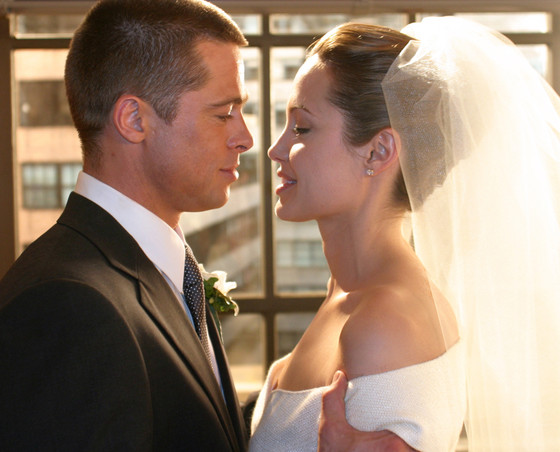 EXCLUSIVE PICTURES WORLD RIGHTS - Out-take images taken in 2004 on the set of Mr and Mrs Smith. These images, kept by the studio for eight years, show Brad and Angelina lovingly gazing at each other moments after their film characters took their wedding vows. Mr & Mrs Smith. 2004  X17online.com USA ONLY