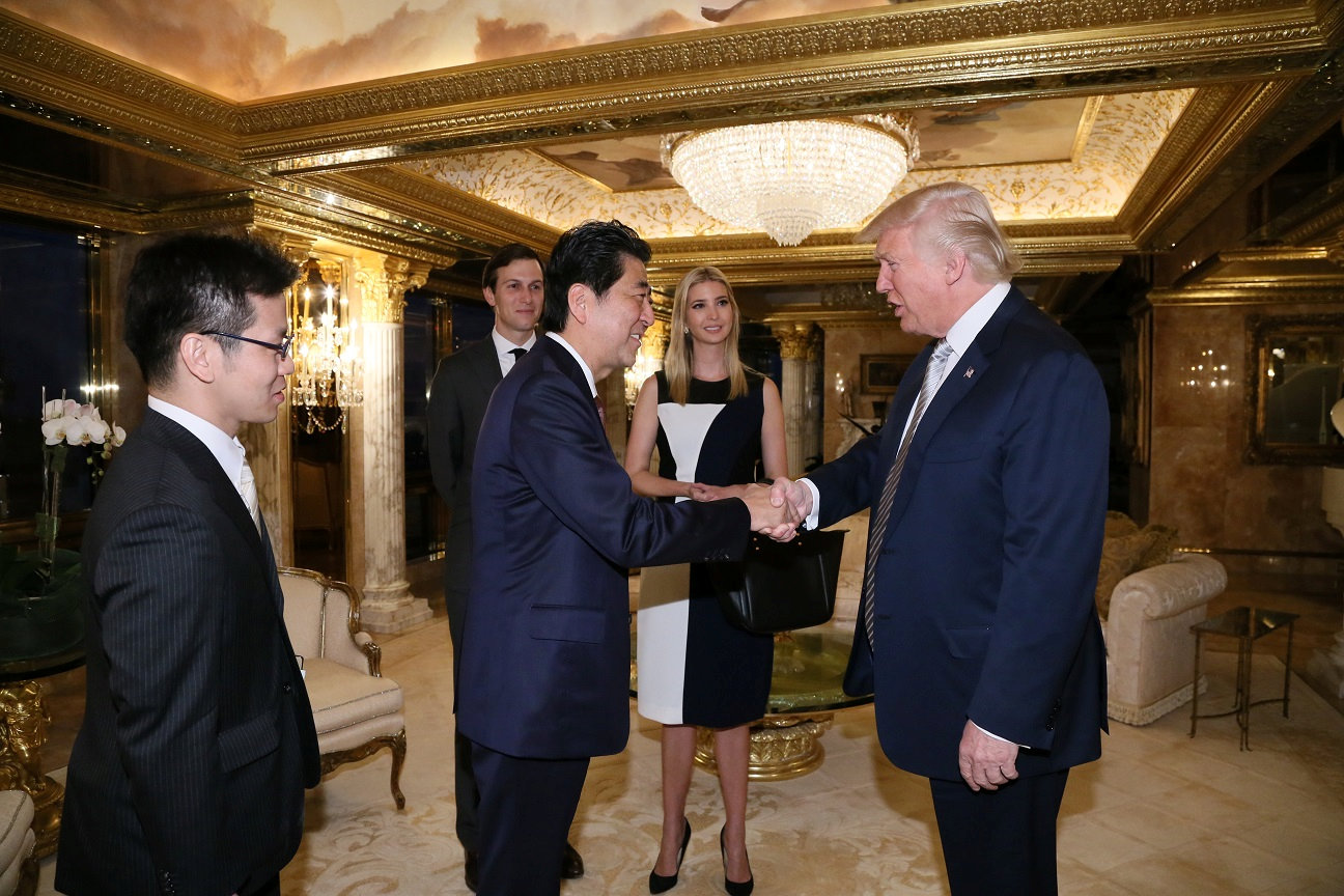 REFILE - REMOVING UNNECESSARY RESTRICTIONS Japan's Prime Minister Shinzo Abe meets with U.S. President-elect Donald Trump (R) at Trump Tower in Manhattan, New York, U.S., November 17, 2016. Cabinet Public Relations Office/Handout via Reuters ATTENTION EDITORS - THIS PICTURE WAS PROVIDED BY A THIRD PARTY. FOR EDITORIAL USE ONLY.