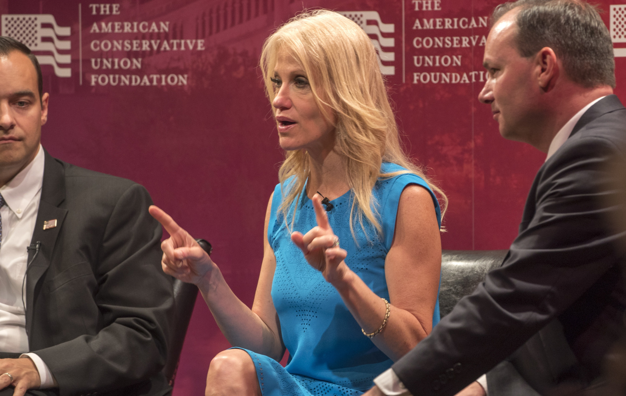From left: Andrew Bremberg; policy director at the  Republican National Committee, Kellyanne Conway; president of The Polling Company, and Sen. Mike Lee (R-Utah) during a panel discussion with the American Conservative Union about Donald Trump’s stance on trade, on day two of the Republican National Convention in Cleveland, July 19, 2016. (Stephen Crowley/The New York Times)