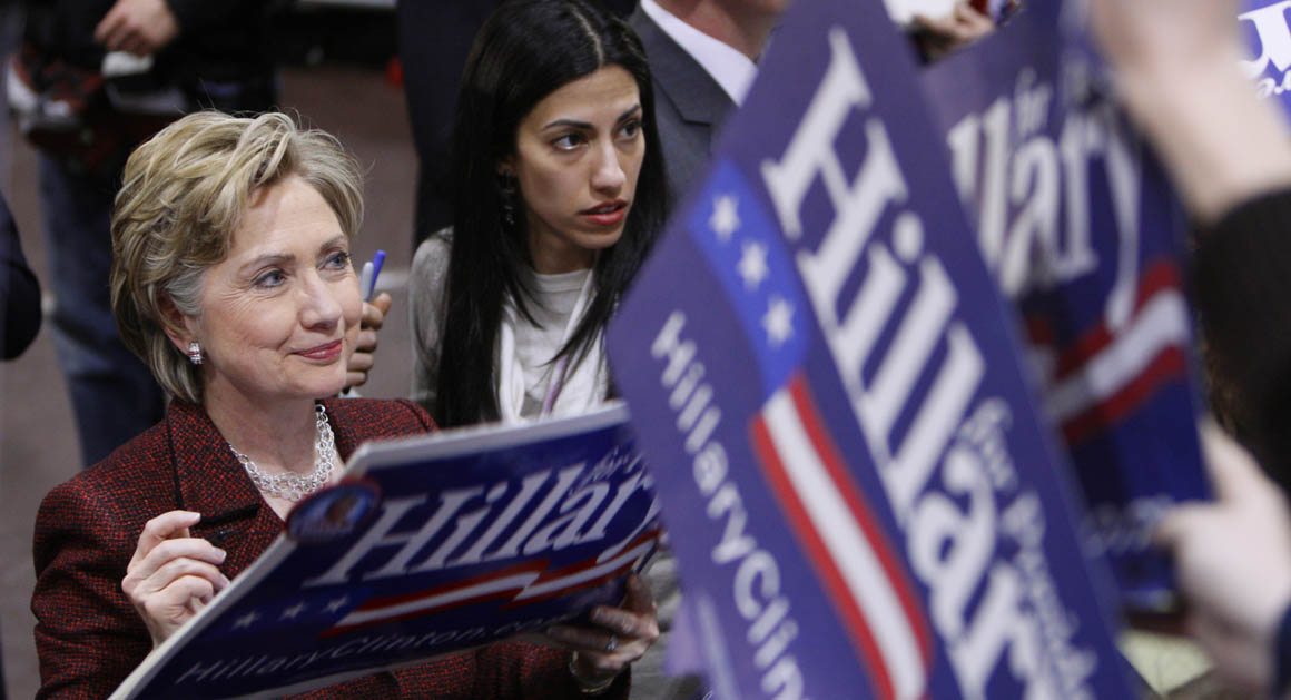 Democratic presidential hopeful, Sen. Hillary Rodham Clinton, D-N.Y., is accompanied by aide Huma Abedin  as she greets supporters at a campaign rally in Millersville, Pa., Tuesday, March 18, 2008. (AP Photo/Charles Dharapak)