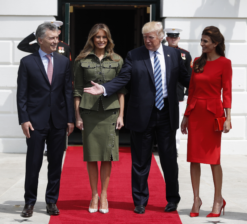 President Donald Trump first lady Melania Trump greets Argentine President Mauricio Macri and his wife Juliana Awada at the White House, Thursday, April 27, 2017 in Washington. (AP Photo/Pablo Martinez Monsivais)  