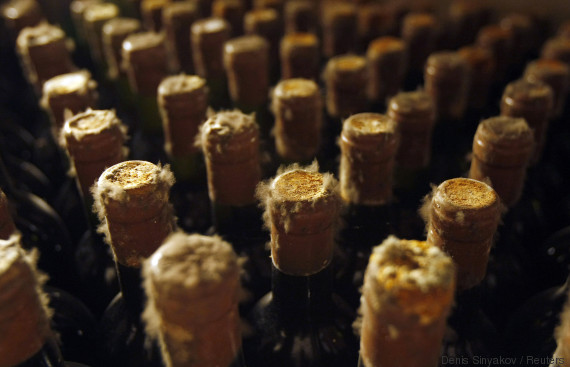 Mould-covered bottles of vintage wines are seen at the world's largest Cricova wine cellar, located outside Moldova's capital Chisinau April 13, 2009. The cellars of the Cricova wine-making plant in Moldova contain about over a million bottles of wine. The bottles are stored in 70 km (43 miles) of underground galleries, which had been excavated in lime mining operations. The first bottle was stored in 1952 and new vintages are added each year. REUTERS/Denis Sinyakov (MOLDOVA SOCIETY BUSINESS)