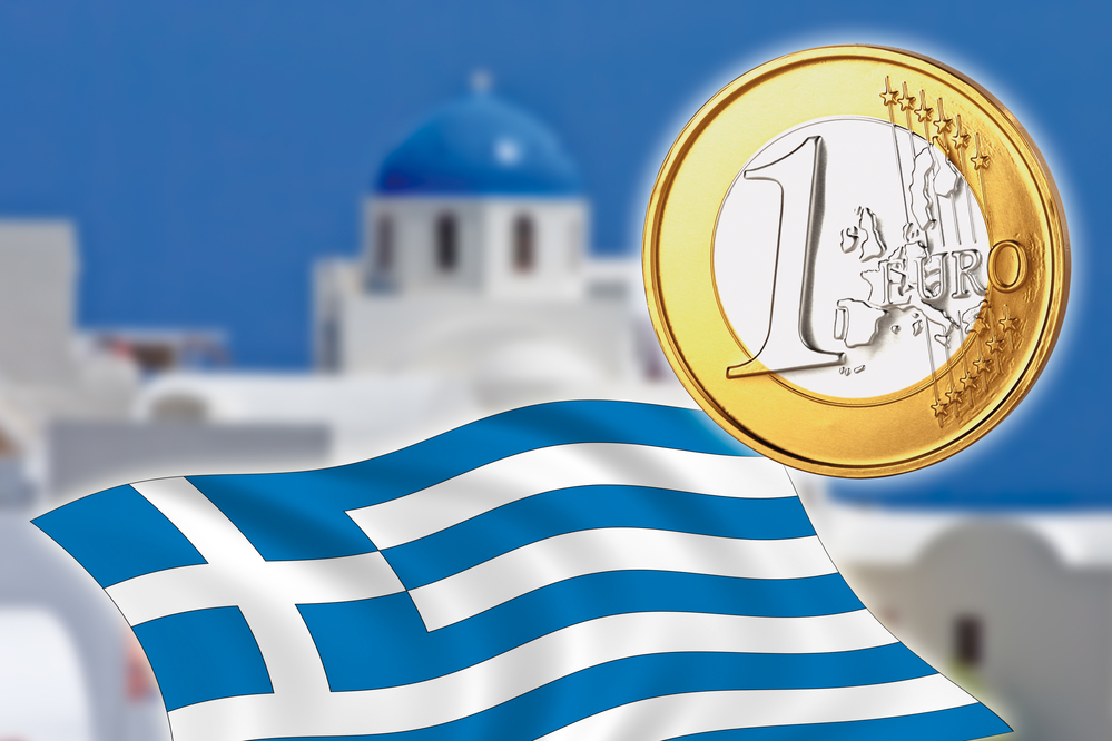 Grexit, Euro coins, flag, Greece, Santorini