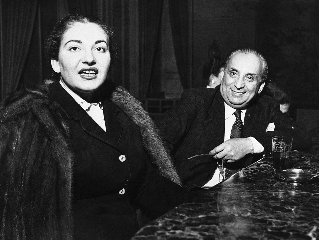 Famed international prima donna Maria Callas and her husband, Milan industrialist Giovanni Battista Meneghini are shown in a Milan hotel, spring1951, when Madame Callas was a comparatively unknown operatic soprano. (AP Photo)