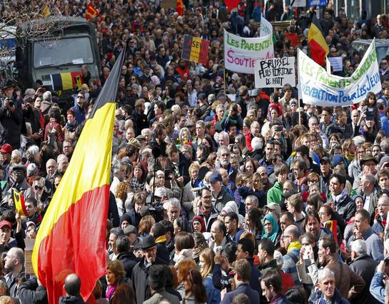 People take part in a rally called "The march against the fear, Tous Ensemble, Samen Een, All Together" in memory of the victims of bomb attacks in Brussels metro and Brussels international airport of Zaventem in Brussels, Belgium, April 17, 2016. REUTERS/Yves Herman