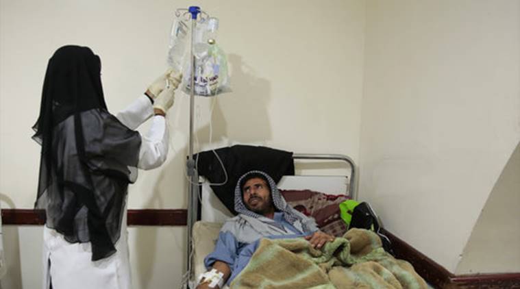 A man is treated for suspected cholera infection at a hospital in Sanaa, Yemen, Sunday, May. 7, 2017. Scores of people have been hospitalized with suspected cholera in Sanaa, Hodeida, and elsewhere in Yemen. (AP Photo/Hani Mohammed)