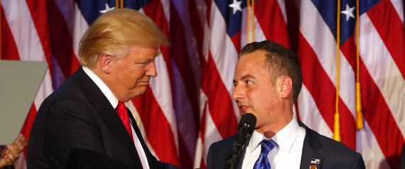 NEW YORK CITY - NOVEMBER 9: Donald Trump, left, embraces Reince Priebus as he celebrates his Presidential win at his Election Night event at his election night event at the New York Hilton Midtown in New York City on Nov. 9, 2016. Republican Trump defeated Democrat Hillary Clinton to be elected the 45th President of the United States. (Photo by Jessica Rinaldi/The Boston Globe via Getty Images)