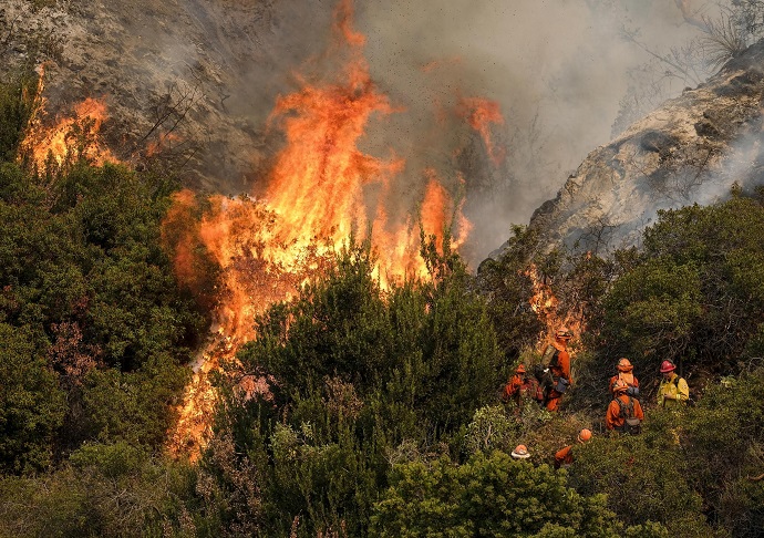 A crew with California Department of Forestry and Fire Protection (Cal Fire) battles a brushfire on the hillside in Burbank, Calif., Saturday, Sept. 2, 2017.  Several hundred firefighters worked to contain a blaze that chewed through brush-covered mountains, prompting evacuation orders for homes in Los Angeles, Burbank and Glendale.  (AP Photo/Ringo H.W. Chiu)