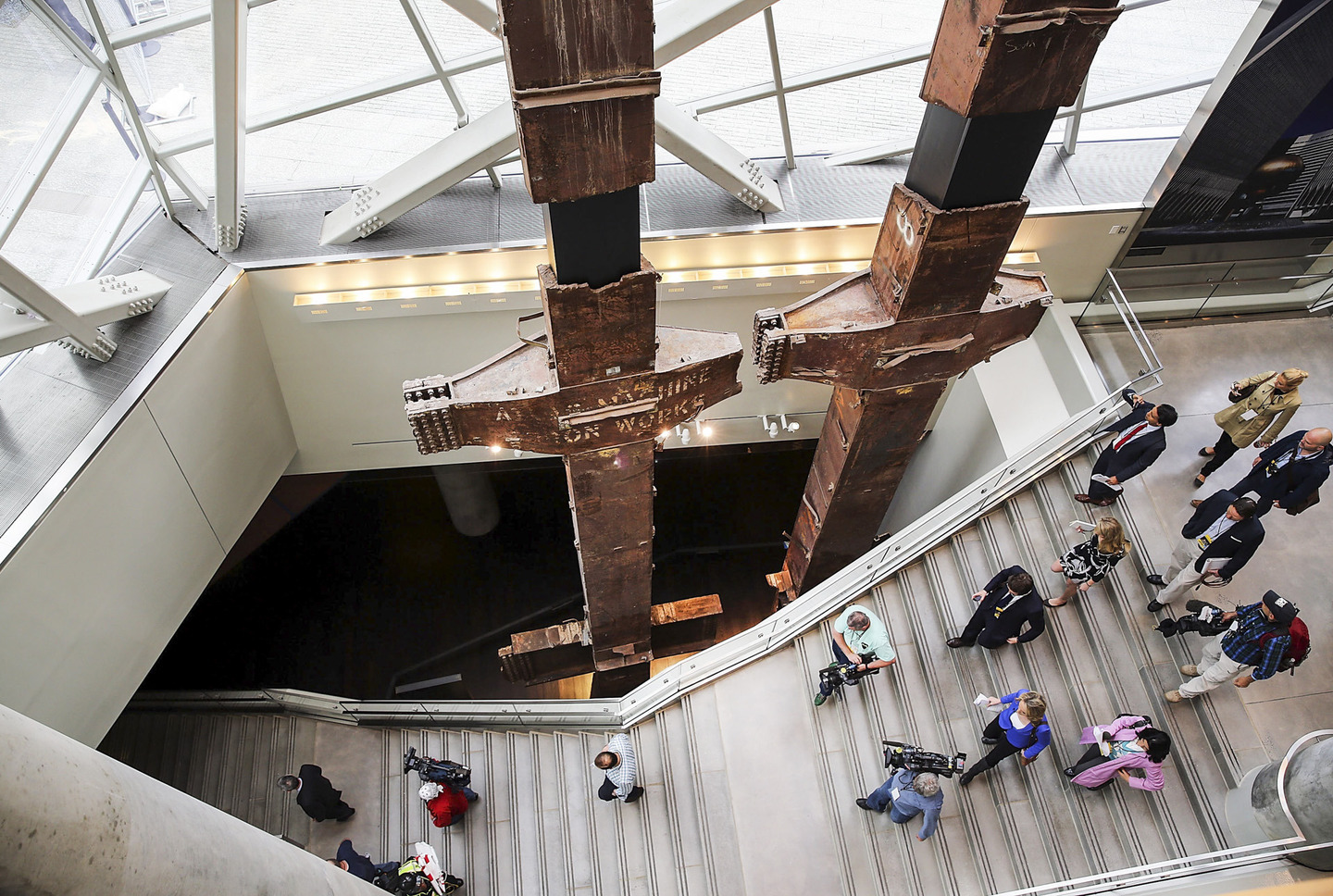 NEW YORK, NY - MAY 14:  The salvaged tridents from the World Trade Center are viewed during a preview of the National September 11 Memorial Museum on May 14, 2014 in New York City. The long awaited museum will open to the public on May 21 following a six-day dedication period for 9/11 families, survivors, first responders ,workers, and local city residents. For the dedication period the doors to the museum will be open for 24-hours a day from May 15 through May 20. On Thursday President Barack Obama and the first lady will attend the dedication ceremony for the opening of the museum. While the construction of the museum has often been fraught with politics and controversy, the exhibitions and displays seek to pay tribute to the 2,983 victims of the 9/11 attacks and the 1993 bombing while also educating the public on the September 11 attacks on the World Trade Center, the Pentagon and in Pennsylvania.  (Photo by Spencer Platt/Getty Images)