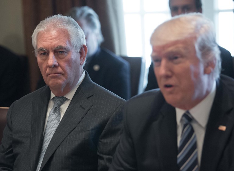 US Secretary of State Rex Tillerson (L) looks on as President Donald Trump speaks to the press before he meets with his cabinet in the Cabinet Room at the White House in Washington, DC, on March 13, 2017. / AFP PHOTO / NICHOLAS KAMM