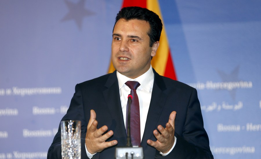 epa06104904 Macedonian Prime Minister, Zoran Zaev speaks during a joint press conference with the President of the Council of Ministers of Bosnia and Herzegovina, Denis Zvizdic (not pictured), in Sarajevo, Bosnia and Herzegovina on 23 July 2017. Zaev is on an official visit to Bosnia & Herzegovina.  EPA/FEHIM DEMIR