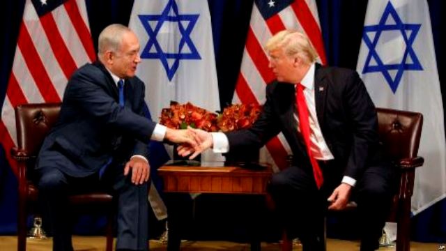 President Donald Trump meets with Israeli Prime Minister Benjamin Netanyahu at the Palace Hotel during the United Nations General Assembly, Monday, Sept. 18, 2017, in New York. (AP Photo/Evan Vucci)