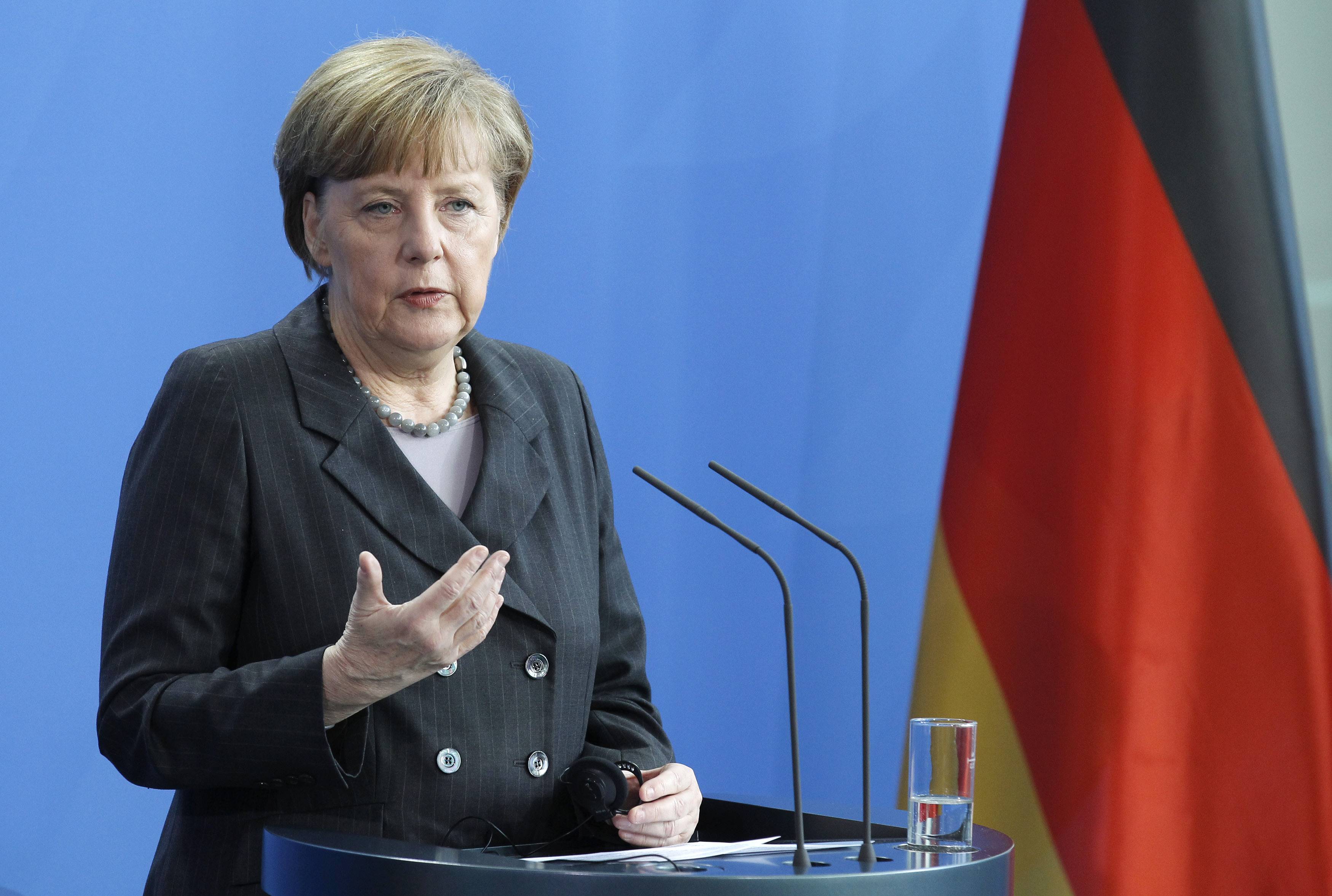 German Chancellor Angela Merkel addresses the media after talks with Czech Republic's Prime Minister Bohuslav Sobotka in Berlin March 13, 2014.   REUTERS/Tobias Schwarz   (GERMANY - Tags: POLITICS)