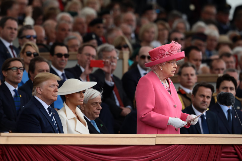 PORTSMOUTH, ENGLAND - JUNE 05: President of the United States, Donald Trump and First Lady of the United States, Melania Trump listen as Queen Elizabeth II gives an address during the D-Day Commemorations on June 5, 2019 in Portsmouth, England. The political heads of 16 countries involved in World War II joined Her Majesty, The Queen on the UK south coast for a service to commemorate the 75th anniversary of D-Day. Overnight it was announced that all 16 had signed a historic proclamation of peace to ensure the horrors of the Second World War are never repeated. The text has been agreed by Australia, Belgium, Canada, Czech Republic, Denmark, France, Germany, Greece, Luxembourg, Netherlands, Norway, New Zealand, Poland, Slovakia, the United Kingdom and the United States of America. (Photo by Dan Kitwood/Getty Images)