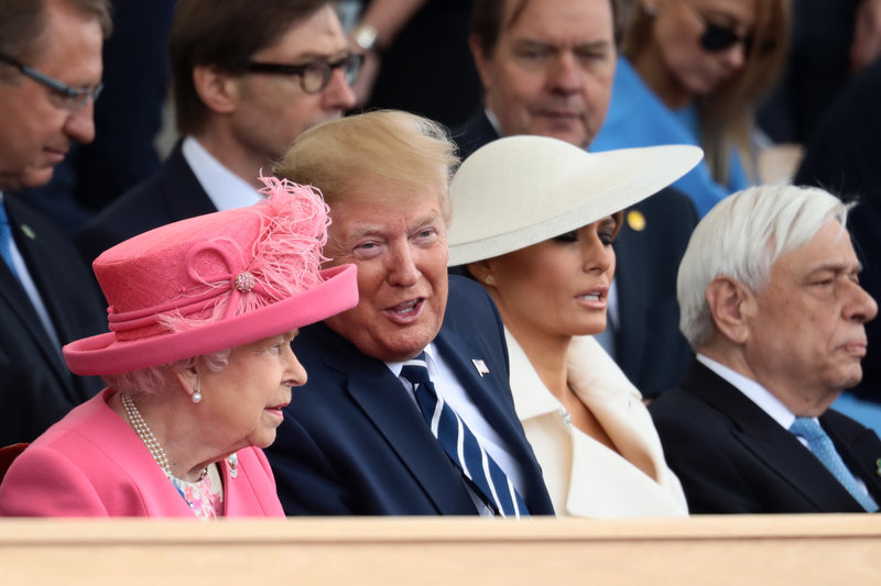 PORTSMOUTH, ENGLAND - JUNE 05: President of the United States, Donald Trump and First Lady of the United States, Melania Trump sit next to Queen Elizabeth II as they attend the D-Day Commemorations on June 5, 2019 in Portsmouth, England. The political heads of 16 countries involved in World War II joined Her Majesty, The Queen on the UK south coast for a service to commemorate the 75th anniversary of D-Day. Overnight it was announced that all 16 had signed a historic proclamation of peace to ensure the horrors of the Second World War are never repeated. The text has been agreed by Australia, Belgium, Canada, Czech Republic, Denmark, France, Germany, Greece, Luxembourg, Netherlands, Norway, New Zealand, Poland, Slovakia, the United Kingdom and the United States of America. (Photo by Dan Kitwood/Getty Images)