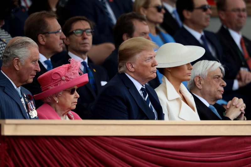 PORTSMOUTH, ENGLAND - JUNE 05: President of the United States, Donald Trump and First Lady of the United States, Melania Trump sit next to Prince Charles, Prince of Wales, Queen Elizabeth II and the President of Greece, Prokopis Pavlopoulos (R) as they attend the D-Day Commemorations on June 5, 2019 in Portsmouth, England. The political heads of 16 countries involved in World War II joined Her Majesty, The Queen on the UK south coast for a service to commemorate the 75th anniversary of D-Day. Overnight it was announced that all 16 had signed a historic proclamation of peace to ensure the horrors of the Second World War are never repeated. The text has been agreed by Australia, Belgium, Canada, Czech Republic, Denmark, France, Germany, Greece, Luxembourg, Netherlands, Norway, New Zealand, Poland, Slovakia, the United Kingdom and the United States of America. (Photo by Dan Kitwood/Getty Images)
