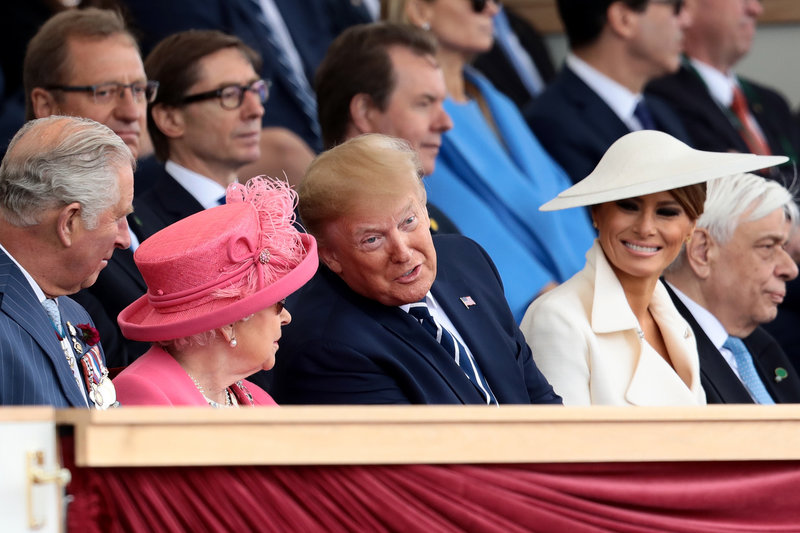 PORTSMOUTH, ENGLAND - JUNE 05: President of the United States, Donald Trump and First Lady of the United States, Melania Trump sit next to Prince Charles, Prince of Wales and Queen Elizabeth II as they attend the D-Day Commemorations on June 5, 2019 in Portsmouth, England. The political heads of 16 countries involved in World War II joined Her Majesty, The Queen on the UK south coast for a service to commemorate the 75th anniversary of D-Day. Overnight it was announced that all 16 had signed a historic proclamation of peace to ensure the horrors of the Second World War are never repeated. The text has been agreed by Australia, Belgium, Canada, Czech Republic, Denmark, France, Germany, Greece, Luxembourg, Netherlands, Norway, New Zealand, Poland, Slovakia, the United Kingdom and the United States of America. (Photo by Dan Kitwood/Getty Images)