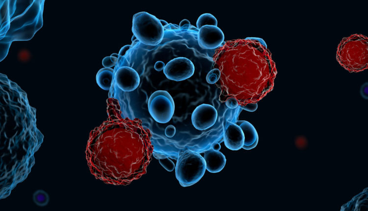3d render of immune system T cells attacking cancer cells (CAR T-cell therapy)