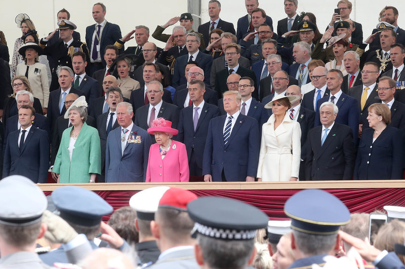 PORTSMOUTH, ENGLAND - JUNE 05: (Front row, L-R) French President, Emmanuel Macron, British Prime Minister, Theresa May, Prince Charles, Prince of Wales, Queen Elizabeth II, President of the United States, Donald Trump, First Lady of the United States, Melania Trump, President of Greece, Prokopis Pavlopoulos and Chancellor of Germany, Angela Merkel attends the D-day 75 Commemorations on June 05, 2019 in Portsmouth, England. The political heads of 16 countries involved in World War II joined Her Majesty, The Queen is on the UK south coast for a service to commemorate the 75th anniversary of D-Day. Overnight it was announced that all 16 had signed an historic proclamation of peace to ensure the horrors of the Second World War are never repeated. The text has been agreed by Australia, Belgium, Canada, Czech Republic, Denmark, France, Germany, Greece, Luxembourg, Netherlands, Norway, New Zealand, Poland, Slovakia, the United Kingdom and the United States of America. (Photo by Chris Jackson-WPA Pool/Getty Images