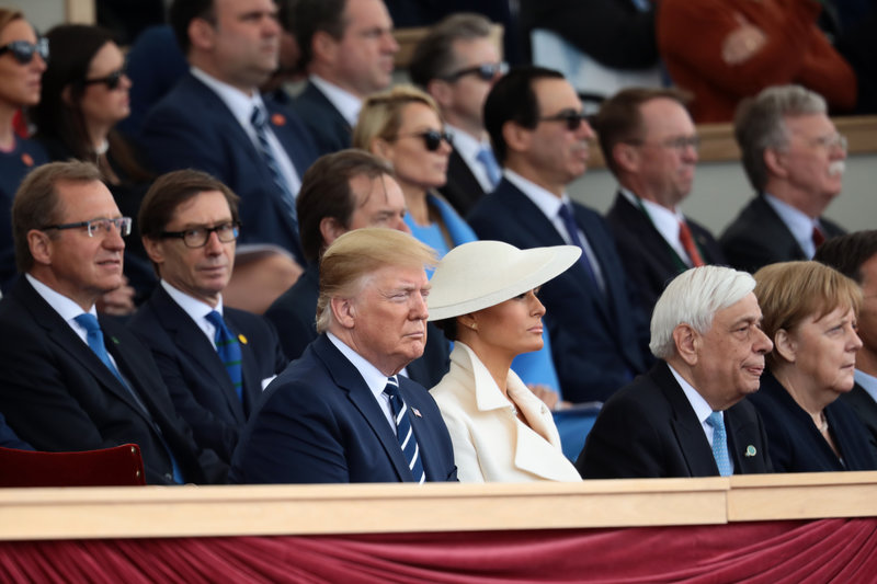 PORTSMOUTH, ENGLAND - JUNE 05: President of the United States, Donald Trump and First Lady of the United States, Melania Trump attend the D-Day Commemorations on June 5, 2019 in Portsmouth, England. The political heads of 16 countries involved in World War II joined Her Majesty, The Queen on the UK south coast for a service to commemorate the 75th anniversary of D-Day. Overnight it was announced that all 16 had signed a historic proclamation of peace to ensure the horrors of the Second World War are never repeated. The text has been agreed by Australia, Belgium, Canada, Czech Republic, Denmark, France, Germany, Greece, Luxembourg, Netherlands, Norway, New Zealand, Poland, Slovakia, the United Kingdom and the United States of America. (Photo by Dan Kitwood/Getty Images)