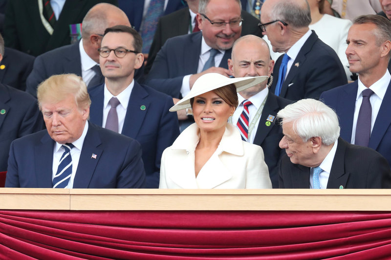 PORTSMOUTH, ENGLAND - JUNE 05: President of the United States, Donald Trump, First Lady of the United States, Melania Trump and Greek President Prokopis Pavlopoulos attends the D-day 75 Commemorations on June 05, 2019 in Portsmouth, England. The political heads of 16 countries involved in World War II joined Her Majesty, The Queen is on the UK south coast for a service to commemorate the 75th anniversary of D-Day. Overnight it was announced that all 16 had signed an historic proclamation of peace to ensure the horrors of the Second World War are never repeated. The text has been agreed by Australia, Belgium, Canada, Czech Republic, Denmark, France, Germany, Greece, Luxembourg, Netherlands, Norway, New Zealand, Poland, Slovakia, the United Kingdom and the United States of America. (Photo by Chris Jackson-WPA Pool/Getty Images