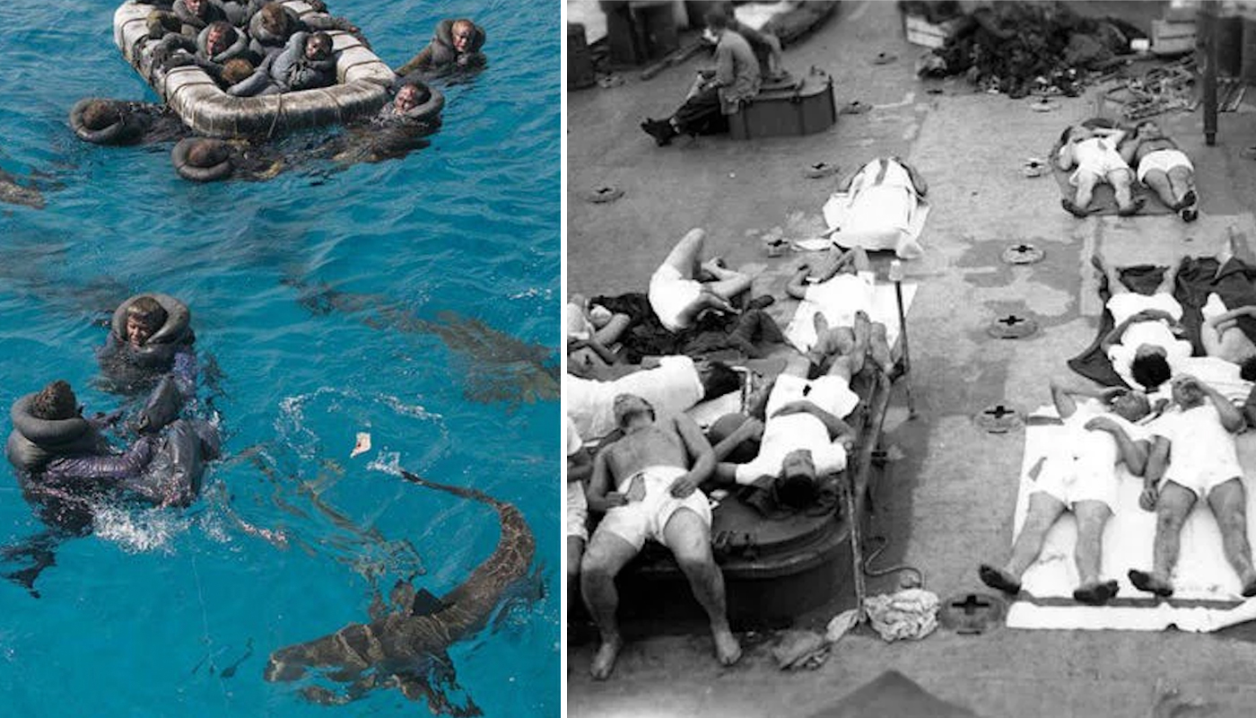USS-Indianapolis-Crewmen-in-water-with-sharks-and-after-rescue