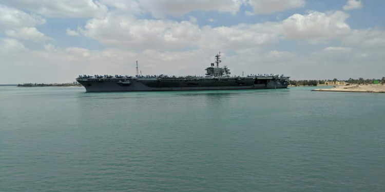 U.S. aircraft carrier the USS Abraham Lincoln is pictured while it travels through the Suez Canal in Egypt May 9, 2019 in this picture obtained from social media. Bud Kinsey/via REUTERS   ATTENTION EDITORS - THIS IMAGE HAS BEEN SUPPLIED BY A THIRD PARTY. MANDATORY CREDIT. NO RESALES. NO ARCHIVES.