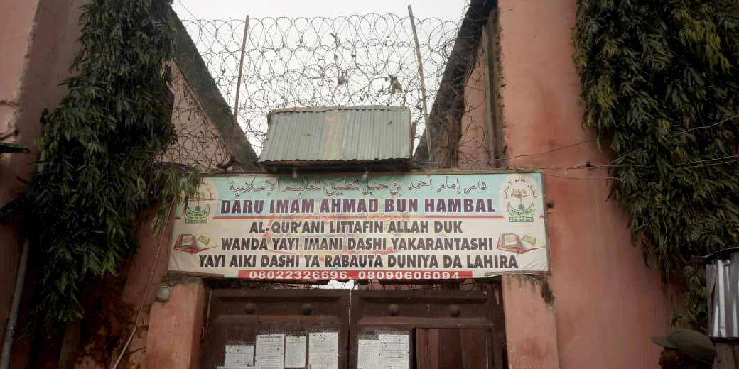 A sign is seen above a house where police rescued men and boys in Kaduna, Nigeria, September 27, 2019. The sign reads: 'Imam Ahmad Bun Hambal center for Islamic studies'.  REUTERS/Stringer NO RESALES. NO ARCHIVES