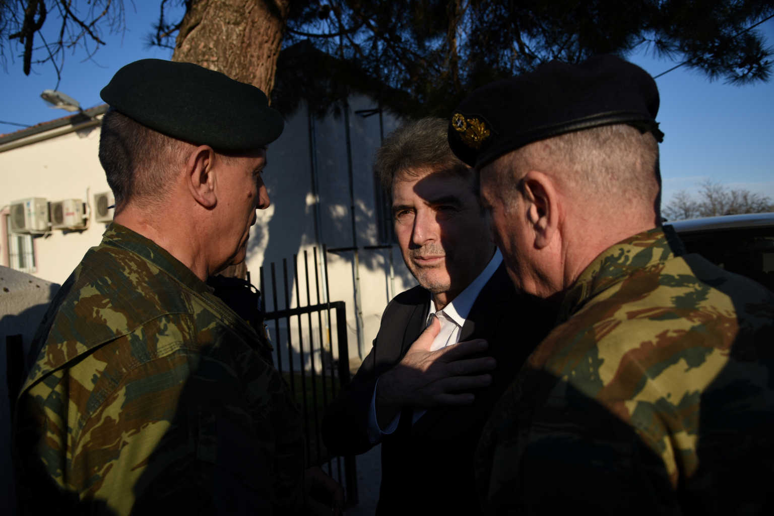 Citizen Protection Minister Mihalis Chrisohoidis speaks to military officers at the village of Nea Vyssa, in the region of Evros, Greece, February 28, 2020. REUTERS/Alexandros Avramidis