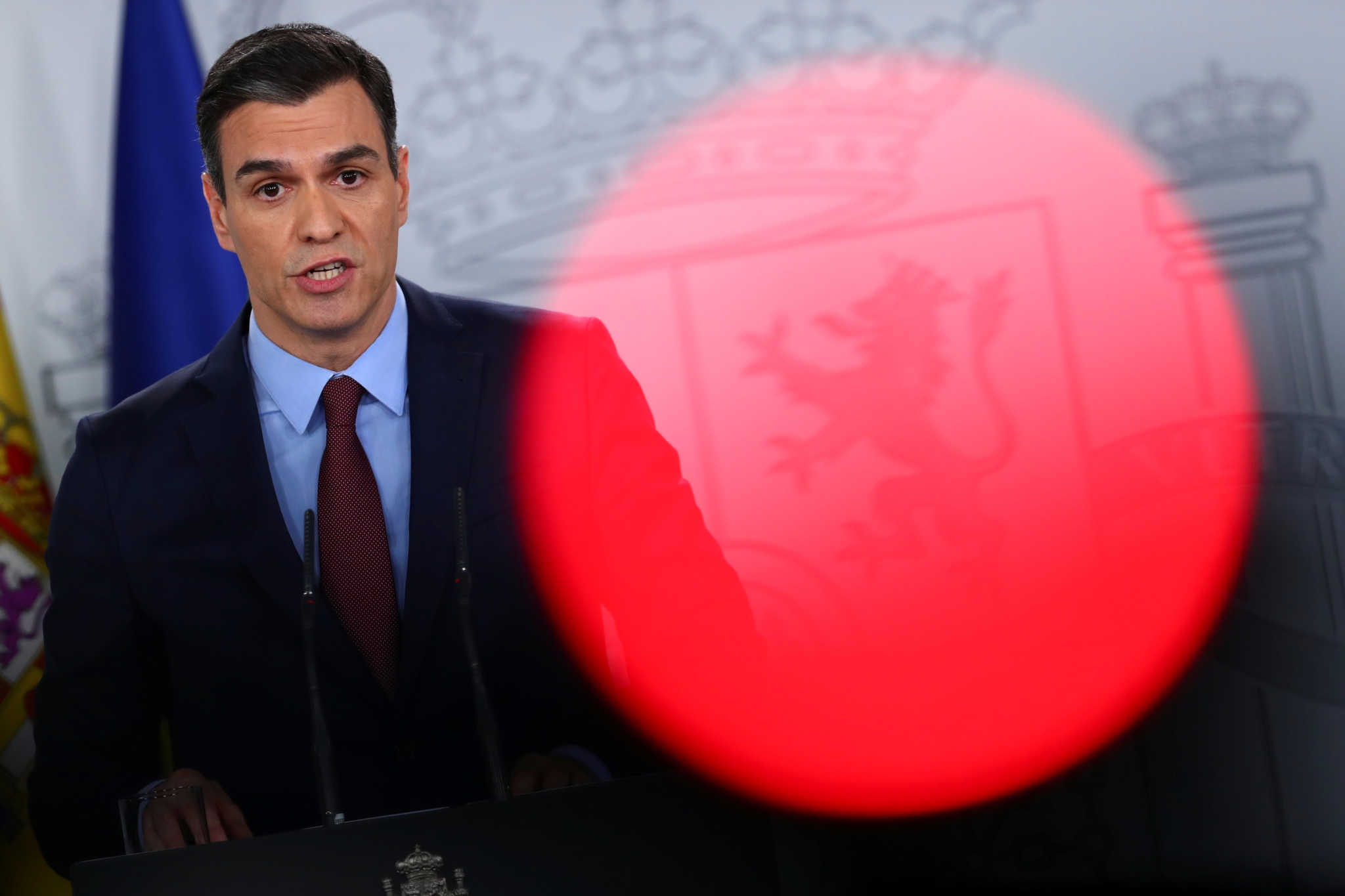 Spanish Prime Minister Pedro Sanchez speaks during a news conference after taking part in a conference call with European leaders at the Moncloa Palace in Madrid, Spain March 10, 2020. REUTERS/Sergio Perez