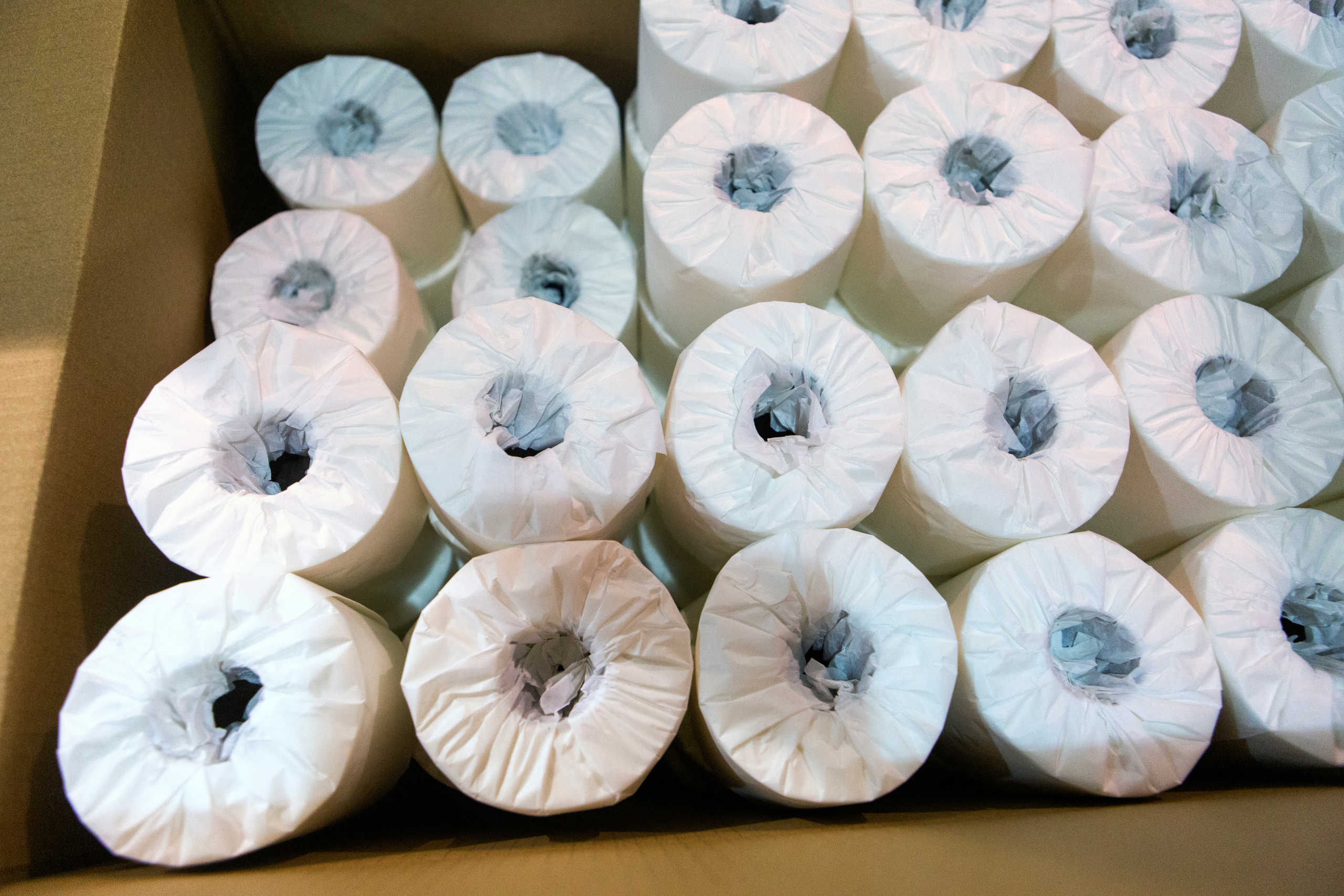 Rolls of individually wrapped toilet paper are boxed up to be shipped to consumers at Tissue Plus in Bangor, Maine, U.S. April 7, 2020.  REUTERS/Ashley L. Conti