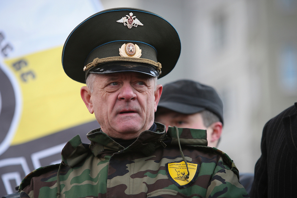 Former intelligence officer Vladimir Kvachkov, the leader of a Russian nationalist group, at the annual 'Russian March', held by Russian nationalists on the outskirts of Moscow. Kvachkov was sentenced to 13 years in prison on February 8, 2013, for allegedly planning an armed rebellion. Earlier he had been charged with the attempted murder in 2005 of Anatoly Chubais, a Russian official then in charge of Russia's electricity monopoly, but was acquitted by a jury.