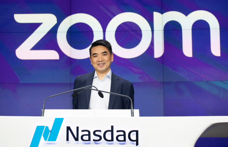 Zoom CEO Eric Yuan attends the opening bell at Nasdaq as his company holds its IPO, Thursday, April 18, 2019, in New York. The videoconferencing company is headquartered in San Jose, Calif. (AP Photo/Mark Lennihan)