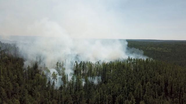 An aerial view shows smoke rising from a forest fire burning in Krasnoyarsk region, Russia, in this still image taken from undated handout video obtained by Reuters July 10, 2020. The Aerial Forest Protection Service/Handout via REUTERS ATTENTION EDITORS - THIS IMAGE WAS PROVIDED BY A THIRD PARTY. NO RESALES. NO ARCHIVES. MANDATORY CREDIT