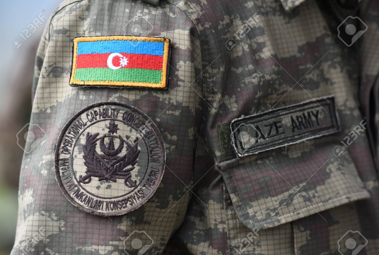Azerbaijan patch flag on military uniform. Azerbaijan army. Azerbaijani troops