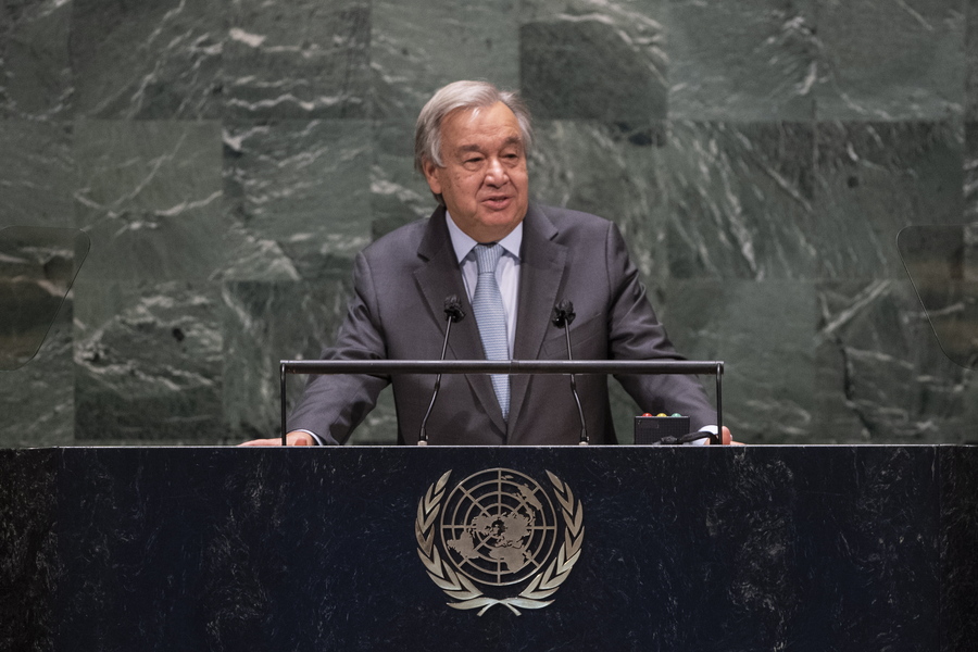 epa08688453 A handout photo made available by UN photo shows Antonio Guterres, Secretary-General of the United Nations, speaking during the 75th General Assembly of the United Nations, in New York, New York, USA, 22 September 2020. Due to the COVID-19 coronavirus pandemic, the 75th General Assembly of the United Nations meetings are held mostly virutal. Seated at dais are Volkan Bozkir (at left), President of the seventy-fifth session of the United Nations General Assembly, and Secretary-General Antonio Guterres.  EPA/Eskinder Debebe / UN Photo / HANDOUT  HANDOUT EDITORIAL USE ONLY/NO SALES