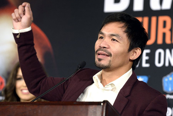epa05111862 Boxer Manny Pacquiao from the Philippines announces that this will be his last fight during a press conference ahead of their World Welterweight Championship bout at the Beverly Hills Hotel in Beverly Hills, California, USA, 19 January 2016. Pacquiao and Bradley will fight at the MGM Grand Garden in Las Vegas, Nevada on 09 April 2016.  EPA/MIKE NELSON