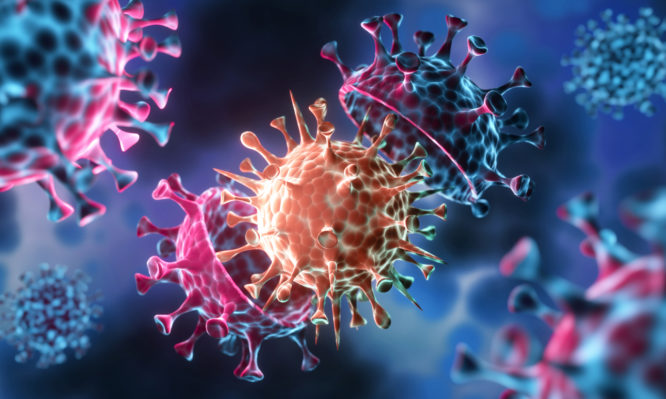 Corona Virus mutation covid-19 illustration with dark blue cell background