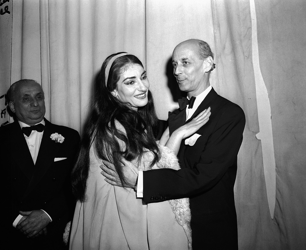 Maria Callas, temperamental soprano, is embraced by the Met's general manager Rudolf Bing, after her first performance of the season, Feb. 7, 1958. (AP Photo/John Lent)