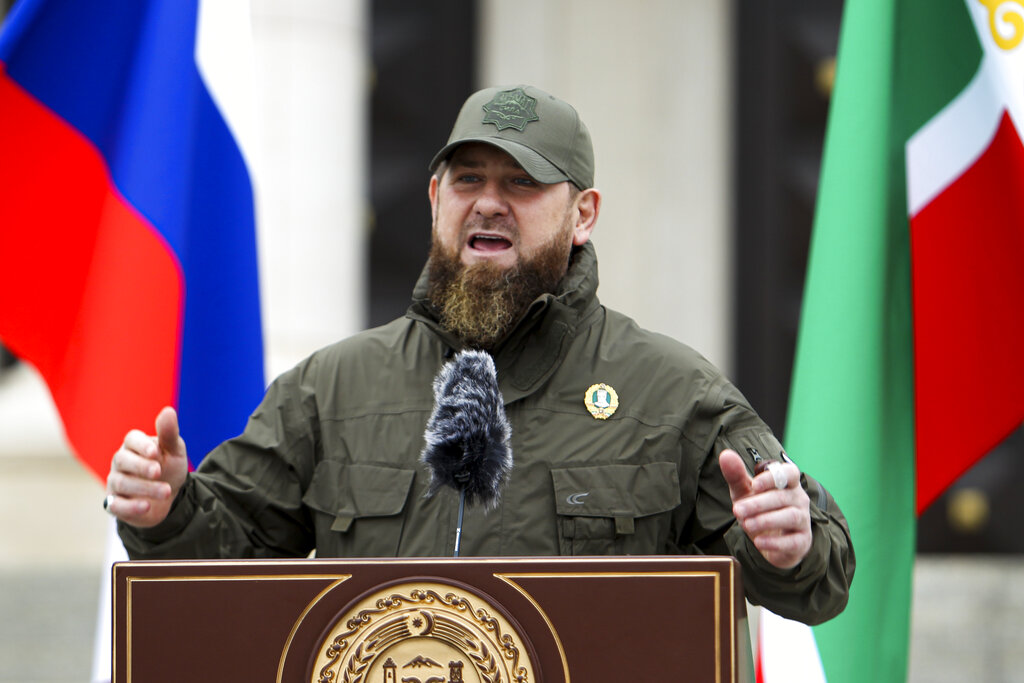 Chechnya's regional leader Ramzan Kadyrov addresses servicemen attending a review of the Chechen Republic's troops and military hardware in Grozny, the capital of the Chechen Republic, Russia, Friday, Feb. 25, 2022.  Ramzan Kadyrov said that the servicemen of the Chechen Republic are ready to carry out any order of the President of the country. (AP Photo/Musa Sadulayev)