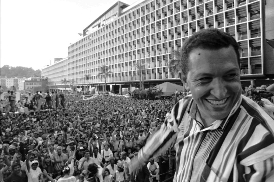 Chavez addresses a crowd in Caracas on Feb. 4, 1998, the anniversary of the failed 1992 coup that would launch his military career.