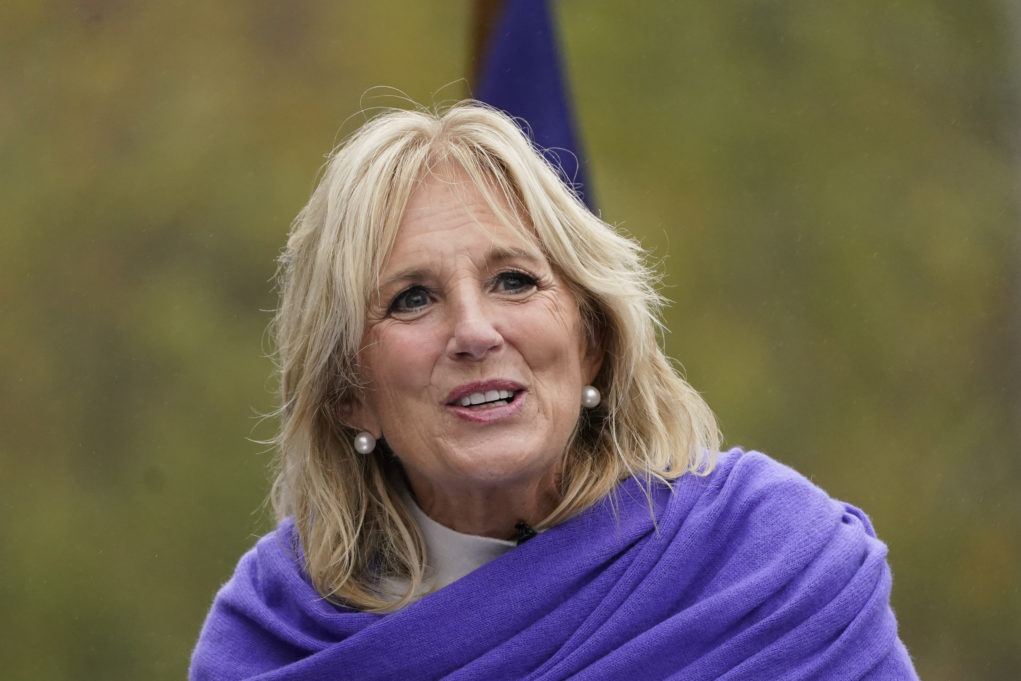 Jill Biden speaks to supporters while campaigning for her husband Democratic presidential candidate former Vice President Joe Biden, Thursday, Oct. 29, 2020, in Westland, Mich. (AP Photo/Carlos Osorio)