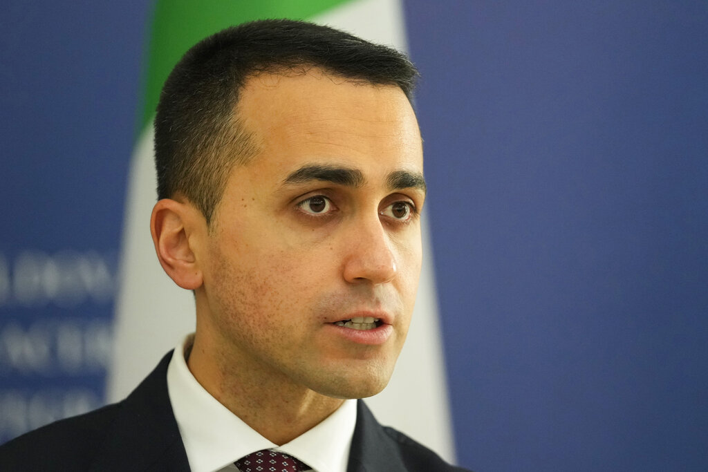 Italian Foreign Minister Luigi Di Maio speaks at a news conference during his meeting with Moldova's Foreign Minister Nicu Popescu in Chisinau, Moldova, Tuesday, March 15, 2022. (AP Photo/Sergei Grits)