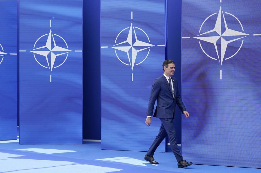 Spain's Prime Minister Pedro Sanchez arrives to pose for photos with NATO Secretary General Jens Stoltenberg at the NATO summit at NATO headquarters in Brussels, Monday, June 14, 2021. (AP Photo/Patrick Semansky, Pool)