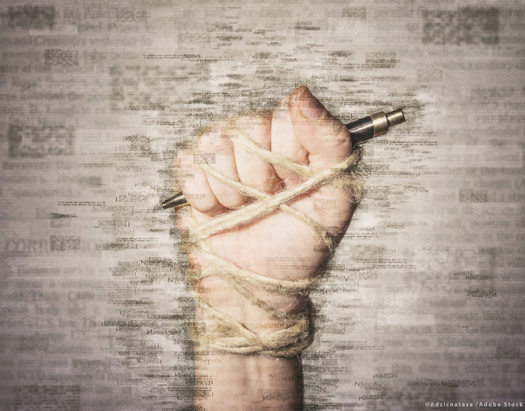 Hand with pen tied with rope, depicting the idea of freedom of the press or freedom of expression