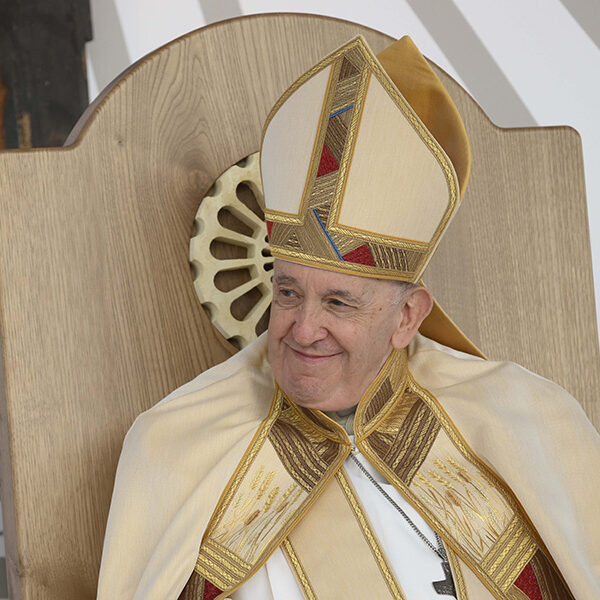 Pope Francis smiles during the closing Mass of Italy's National Eucharistic Congress at the municipal stadium in Matera, Italy, Sept. 25, 2022. (CNS photo/Vatican Media)